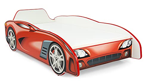 Leomark Individual Cama Infantil de Madera - Sport Car - Color Rojo, con somier, colchón, para niños, Funcional Dormitorio, Espacio para Dormir: 140/70 cm