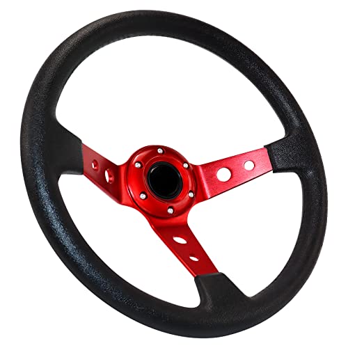 Acclcors Volante universal de carreras, volante de coche, volante de 13,6 pulgadas, 6tornillos, agarre de vinilo, piel profunda, con botón de cuerno para carreras/automovilismo/conducción (rojo)