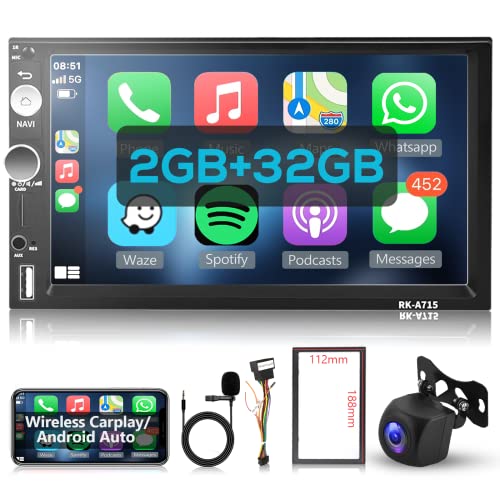 Hodozzy 2 DIN Radio Coche GPS 2GB 32GB Android 11 mit Inalámbrico Carplay, Android Auto, 7 Pulgadas Pantalla Táctil Radio con Bluetooth WiFi Navegación GPS HiFi Radio FM/RDS, Cámara Trasera AHD, USB