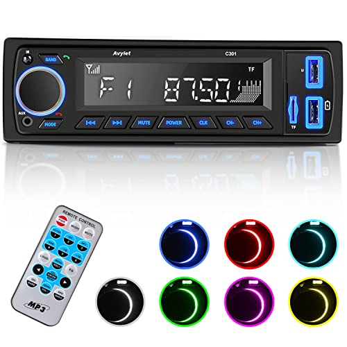 Radio Coche 1 DIN, Avylet Autoradio Bluetooth 5.0 Soporta Llamadas Manos Libres/FM/AUX-IN/SD/U Disk/Control Remoto, Luz de Botón 7 Colores, 60W X 4, Carga Rápida