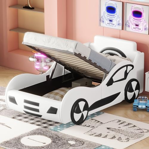 KecDuey Cama infantil para coche de 90 x 200 cm, modelo de cama para coche, cuna con espacio para debajo de la cama, somier de láminas para niños y niñas (blanco)